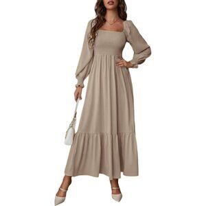 Women's Casual Maxi Dress Square Neck Long Sleeve Ruffle Shirred Flowing